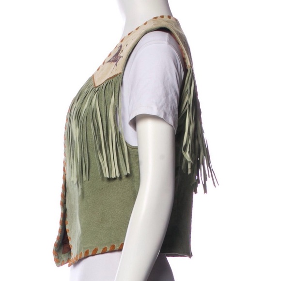 Patricia wolf hand painted leather fringe vest native american Indian ponies M - Picture 2 of 7